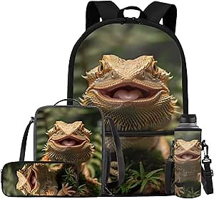 Lizard Backpack for Kids Boys Backpack with Lunch Box Water Bottle Carrier and Soft Pencil Case 4PCS Set Bookbag with Front Pocket 17 inch Lightweight School Bag Kids School Essentials