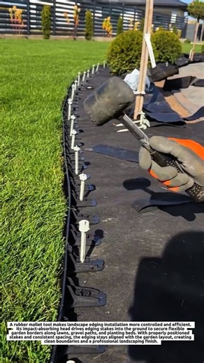 Rubber Mallet Tool Drives Landscape Edging Stakes into Ground for Precise Garden Border Installation