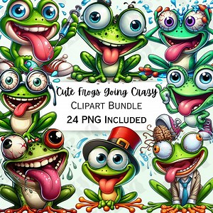 24 Cute Frog Acting Crazy Clipart Bundle, Tadpole Stickers, Adorable Wall Art, Amphibian PNG for Invitations Sticker, Cartoon Reptile - Etsy