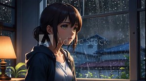 Anime Girl Watching Stormy Rain from Window,Loop Animation