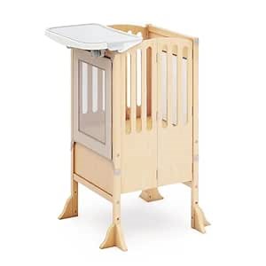 Guidecraft Kitchen Helper® Toddler Tower and Mealtime and Play Tray Bundle: Contemporary Natural Folding, Adjustable Step Stool with Keepers, Non-Slip Mat and Easy to Clean, Detachable Tray Table