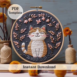 Cat Embroidery Pattern: Modern Floral Kitten Art (PDF Pattern) - Etsy