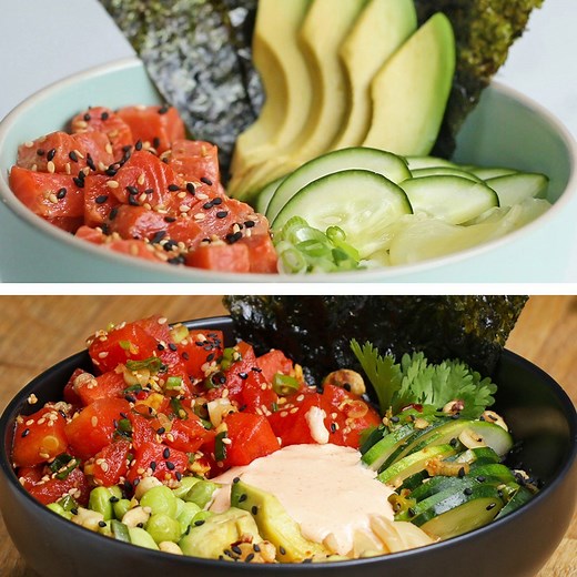339K views · 1.1K reactions | From pescatarian to vegetarian, these refreshing poke bowls have me so excited for summer! Watermelon recipe: https://tasty.co/recipe/watermelon-poke-bowl Salmon recipe: https://tasty.co/recipe/salmon-poke-bowl | Tasty | Facebook