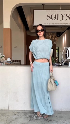 two-piece pleated co-ord set 🩵 #short #outfit #beauty #fashion #trendingshorts