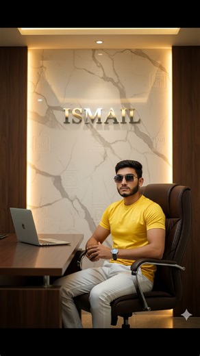 A confident businessman sitting on a luxury chair, yName 'ISMAIL' on the wall luxurious modern office with excessive logo, wearing a silk yellow t-shirt, and white trousera sunglasses,He is seated at a sleek desk with a silver laptop in front of him, leather executive chair, stylish marble-pat- terned wallin the background, warm ambient lighting, professional and powerful atmo- sphere, uftra-realistic, cinematic etail. 8k-ar 2:3 -v 5-style 4a, take face from uploaded image 100% identical. #cinem