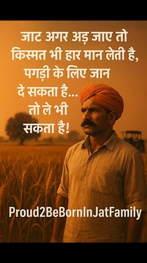 "जाट अगर अड़ जाए तो किस्मत भी हार मान लेती है, पगड़ी के लिए जान दे सकता है... तो ले भी सकता है!" अगर आप चाहें तो इसमें और भी शेर या मोटिवेशनल लाइनें जोड़ सकता हूँ। | Proud 2 be born in jaat family