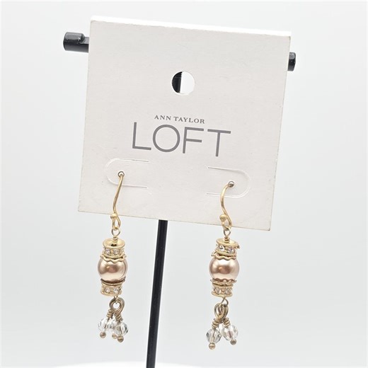 ANN TAYLOR Loft Earrings Gold Tone Dangle Faux Pearls Crystal Accents on Card - Etsy