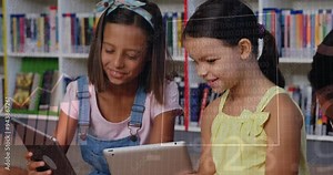 Binary code animation over children using tablets in school library