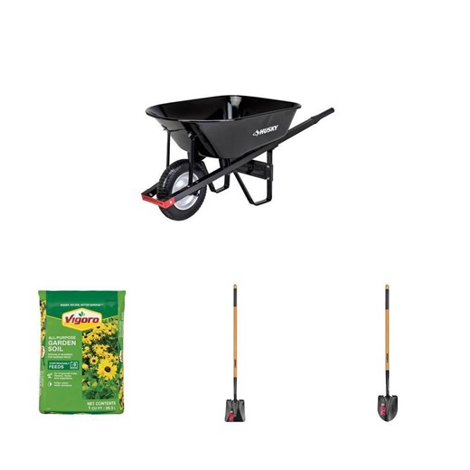 6 cu. ft. Steel Wheelbarrow, 1 cu. ft. Garden Soil, 47 in. Wood Handle Transfer Shovel and Digging Shovel Combo - The Home Depot
