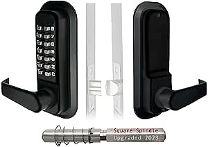 JOUNJIP Single-Sided Keyless Entry Door Lock - Bump Key Proof Mechanical Door Lock with Lever Handle - [Square Spindle] Easier Install - (Matte Black) - Outdoor Gate Lock with Keypad and Passage Mode