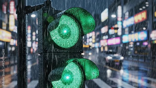Traffic light sequence changing from red to yellow to green in rainy urban night. Smart city traffic control using AI and IoT integrated networks for efficient flow management. video footage video Stock Video