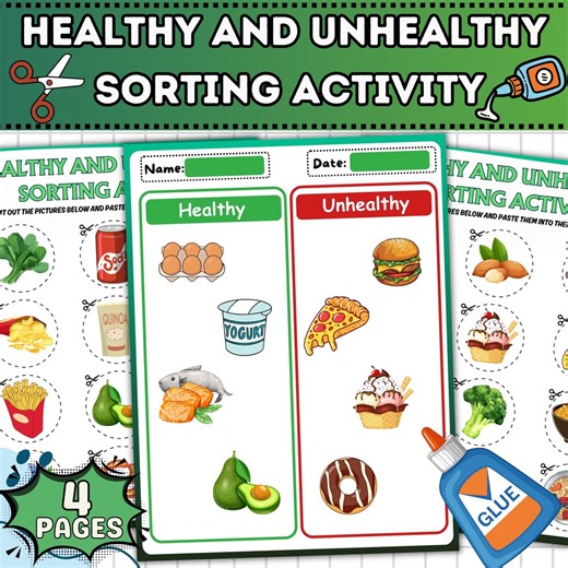 Healthy and Unhealthy Sorting Activity | Food Cut & Paste Activity for Kids | Instant Download | PDF - Etsy