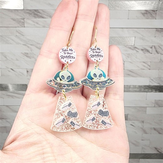 Glow in the Dark Alien UFO Acrylic Earrings: Weird Book Lover Statement Jewelry - Etsy