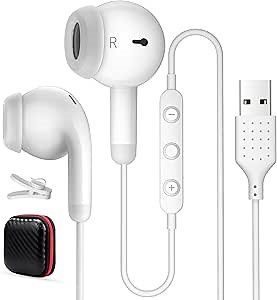 USB Earbuds for PC,Headphones with Microphone for Computer,Wired USB Headset with Mic Audio Control Noise Isolating Stereo Laptop Earphones for Dell for HP for Surface Switch Office Zoom Working White