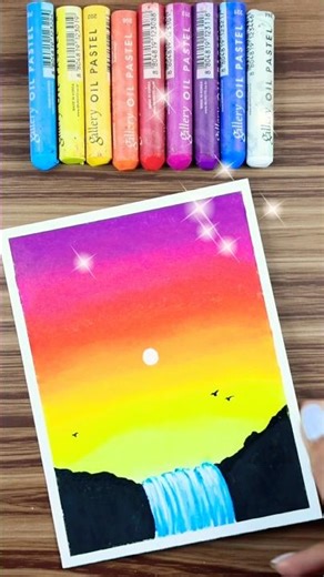 Easy Sunset & Waterfall Drawing 🌅💦 | Oil Pastel Landscape Art