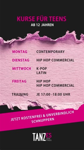 Das sind unsere Tanzkurse für Teens ✨ Montag, Dienstag, Mittwoch & Freitag Kurse für Teens ab 12 Jahren Trainingszeit 17:00 - 18:00 Uhr Ort: TANZ ES, Blumenstraße 15, 73728 Esslingen Schnuppere jetzt kostenfrei & unverbindlich! Infos & Anmeldung: Webseite // Bio Linktree Werde jetzt Teil unserer Jugendgruppen! Wir freuen uns auf dich ❤️ #tanzes #esslingen #kidsdance #teensdance #tanzenlernen #tanzkurse #hiphop #commercial #contemporary #latindance #kpop #hiphopcommercial