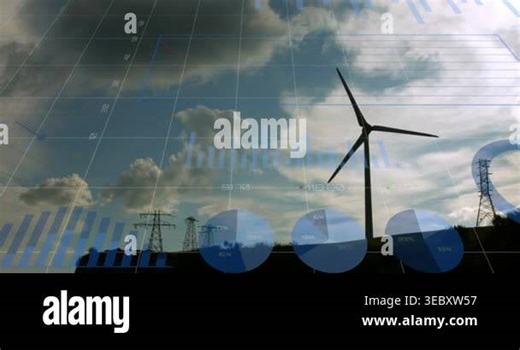 Animation of graphs and data processing over wind turbine. environment, sustainability, ecology, renewable energy and technology concept digitally generated video Stock Video Footage - Alamy