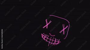 Lightning neon glowing mask randomly moves, flickers, shimmers, blinks at the camera on a black background. Light show with cool effect in glowing costume. LED mask. Halloween and horror VJ DJ concept