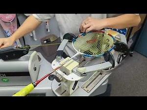 Badminton Racket Stringing - Yonex Arcsaber FD, top down view, 4 knots, not talking, ASMR