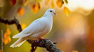 a white dove a white dove sitting on a branch wia white dove sitting on a branch with leaves and a tree in the background.sitting on a branch with leaves and a tree in the background.