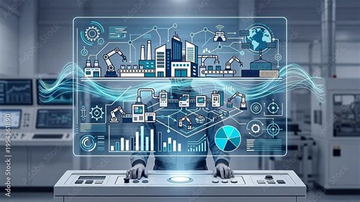 Operator controlling automated smart factory through large holographic dashboard, industrial plant 4.0 production line visualization, futuristic management interface, 174 characters