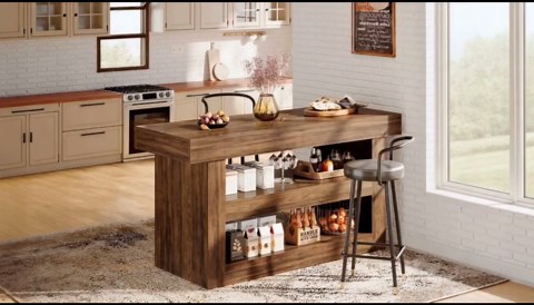 Large Farmhouse Kitchen Island Table With Three Tier Storage Shelves and Spacious Countertop for Dining or Meal Prep in Rustic Woodgrain. - Etsy