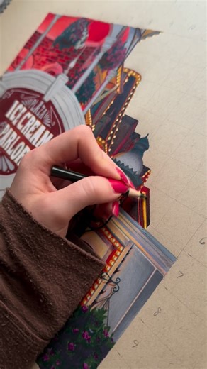 Deely Drawings LLC - Maria Deely on Instagram: "Warm summer nights have turned into cool fall evenings🍂🍁✨ This drawing for me takes me to a time of enjoying Main Street lit up at night, something that brings fall and summer together✍️ I use @prismacolor premier soft core colored pencils and @strathmoreart toned tan paper. All purchased at @blickartmaterials"