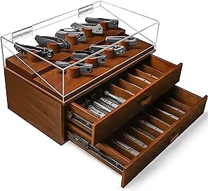Premium Pocket Knife Display Case for 50 Knives - Extra Large Wooden Knife Organizer, Storage & Holder with Unique Pillars, 2 Drawers - Knife Collection Box - Handcrafted for Men