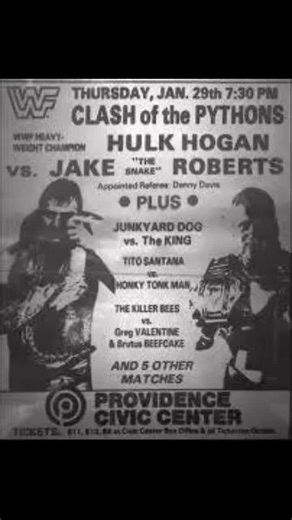 @today_inprowrestlinghistory on Instagram: "39 years ago today, The Clash of Pythons in Providence, Rhode. Island! One of only three recorded matches between Hulk Hogan and Jake "The Snake" Roberts took place at the Providence Civic Center in Rhode Island with Hogan pinning Roberts with the legdrop in front of 5,000 fans! It was a missed opportunity for a monster feud between two of the hottest stars in the 80s WWF. Sadly a couple of things torpedoed this potential monster feud: * Fans cheered R