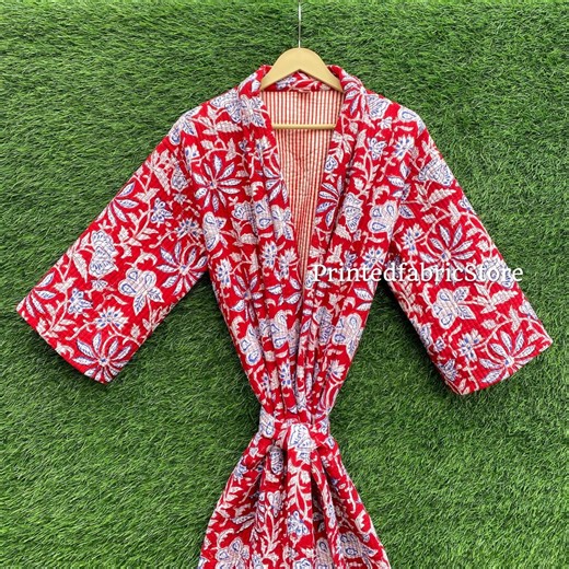Red Hand Block Printed Cotton Kimono Robe - Boho Quilted Lounge Wear - Etsy