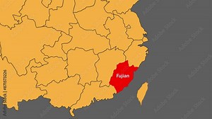 Fujian map animated video. Fujian location is highlighted on the China map colour with Gray background in video format.