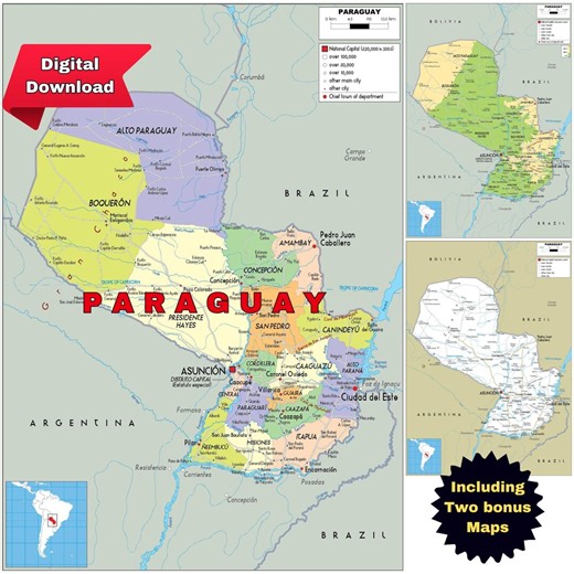 PARAGUAY Printable Map Set: Political, Physical & Road Network (A3 Digital Download) - Etsy