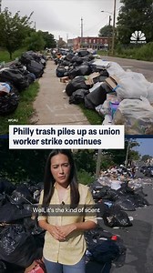 NBC News' Emilie Ikeda reports from Philadelphia, where heaps of trash are piling up after thousands of city workers walked off the job, as the city is stuck in a standoff over pay with District Council 33, a union representing some 9,000 municipal workers — and residents are smelling the effects of the fallout. | NBC News