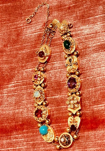 Vintage 14K Gold Slide Bracelet: Ruby, Pearl, Diamond, Turquoise - Etsy