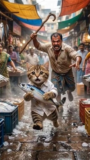 Angry Fish Seller Chasing a Cat 😱🐟 #shorts #funny #ai