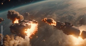 An apocalypse in space destroys cosmic objects Rockets fight for world domination 4k animation