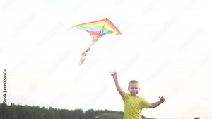 boy kid run with a kite in the park. happy family kid dream concept. a child one run in the park in nature at sunset playing with a kite. kid play in park with kite lifestyle