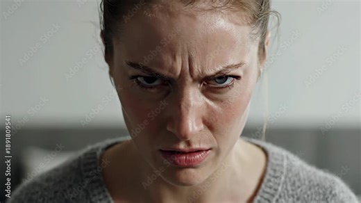 Person showing frustrated expression. A realistic close-up portrait captures frustration through narrowed eyes, pressed lips, and visible facial tension.