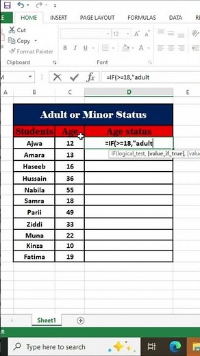 How to Classify Ages as Adult or Minor in Excel | Simple IF Formula Tutorial #exceltips