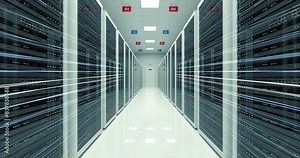 Server room in modern data center. Cloud computing. Server racks of network and information servers behind glass panels.