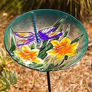 Alpine Corporation KBD160 Glass Stake Bird Bath w/Flowers and Dragonfly, Elegant Décor for Garden, Patio, & Lawn, 10’’H