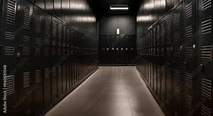 Hallway of black metal lockers with various doors