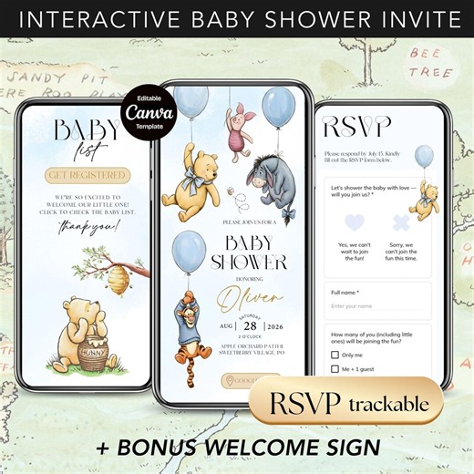 Winnie Pooh Balloon Bear Baby Shower Invitation Trackable RSVP Website, Editable Classic Pooh Canva Web Invite - Etsy