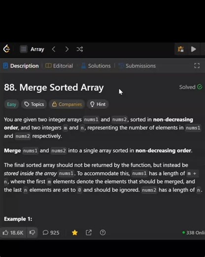 Gopika on Instagram: "Day 6: Merge sorted array leedcode problem solution 💯 #java #problemsolving #explorepage #coding #solution"