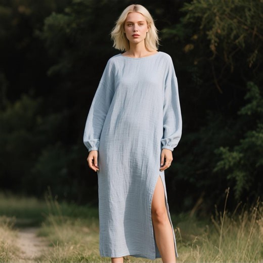 Boho Minimalist Linen Dress With Pockets, Linen Midi Dress, Long Sleeve Slit Dress, Summer Dress for Women - Etsy