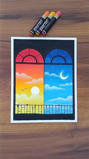 ONE WINDOW, TWO WORLDS — Sun vs Moon Oil Pastel Art #AnjeetArts