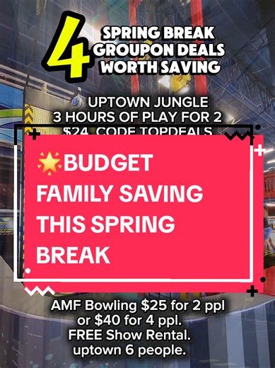 4 SPRING BREAK @Groupon DEALS WORTH YOUR TIME (Save & Share this Post) After looking and doing my research - Here are 4 Spring Break deals worth the visit as a family. As a mom of 4, we know the cost of attractions to add up. Plan ahead, keep a fun family budget and make great memories. I’m here to help make that happen. ✨️Consider these fun family attractions: ✨️FAMILY FUN AT UPTOWN JUNGLE - General Admission is $12.80. Use code TOPDEALS at checkout. You can also get 3 hours of play time for 2 