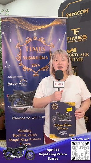Congratulations to Kaidi Zhu, our third Golden Ticket Winner, at our live on location at Thakur Thal! Winning a free ticket to the gala along with being entered into the final draw for our motorcycle giveaway! 🏍 Scan the QR code or visit our website at thetimesofcanada.com to enter! | The Times Of Canada