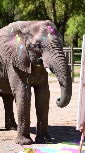 An elephant playfully painting with its trunk at an art class