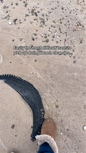 Angie ☀️ on Instagram: "Tires are the HARDEST thing for me to to remove from the beach, and it's not what you think! Yes, they are heavy to drag home, (especially uphill or up a flight of beach stairs...) but the biggest challenge is digging them out! And getting all the sand out of the inner channel. THAT part takes FOREVER! Do you know why there are tires constantly washing up? One reason is they are used to line the ports where boats dock along the rivers. They act as a docking bumper, but th